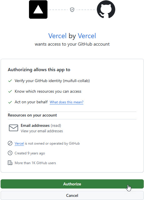 Allow Vercel to access your Github account