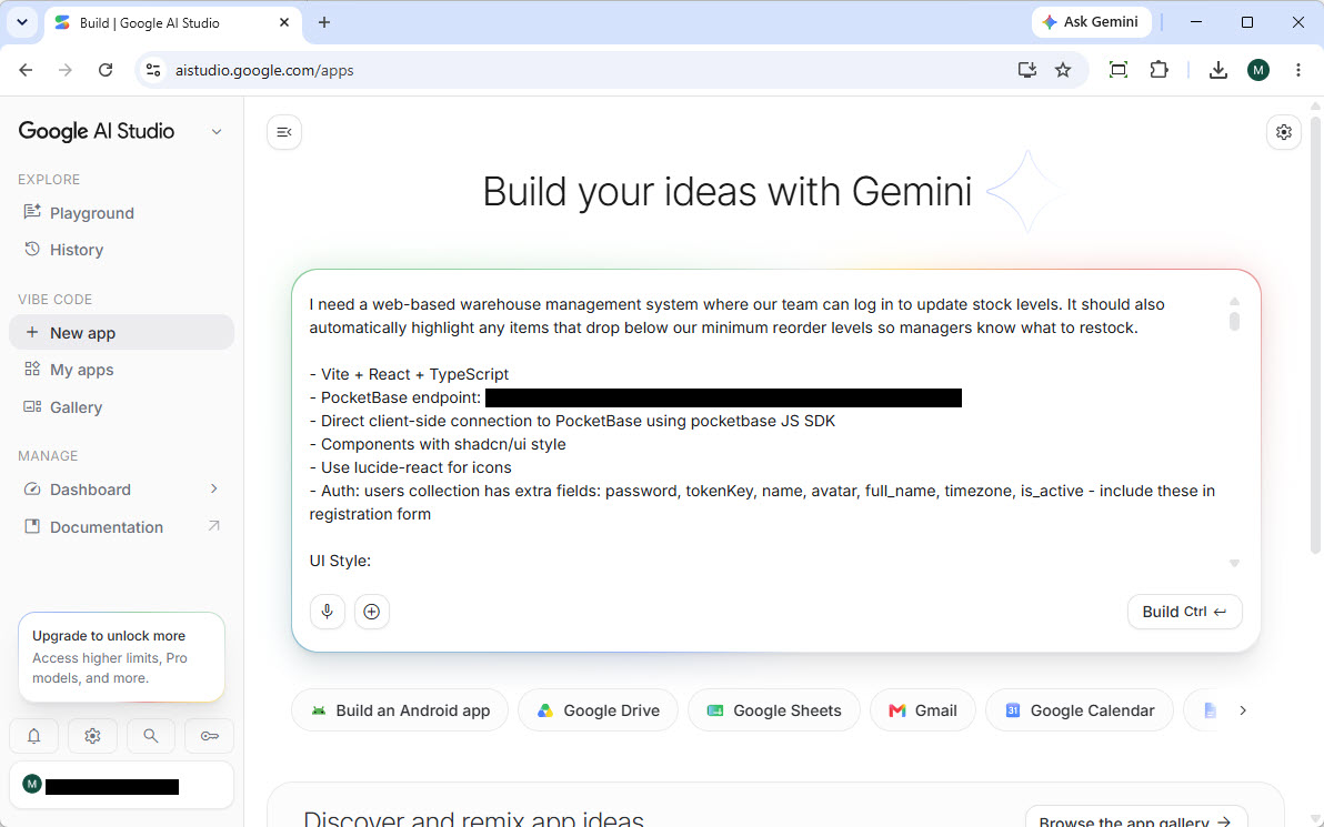 To paste and execute an app prompt in Google AI Studio for building an app