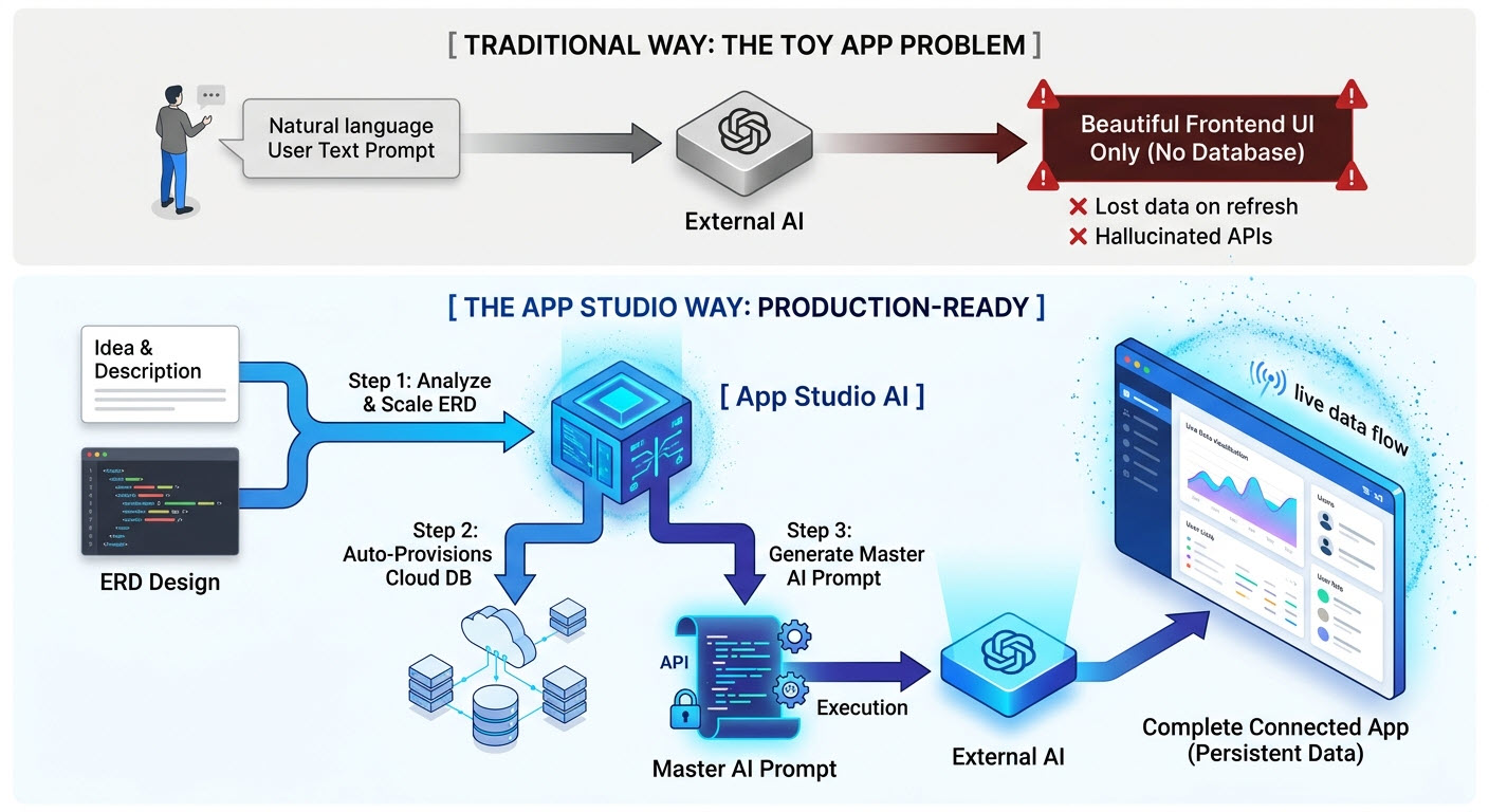 Diagram illustrating the data driven approach: Data Design, DB setup, and AI App Prompt