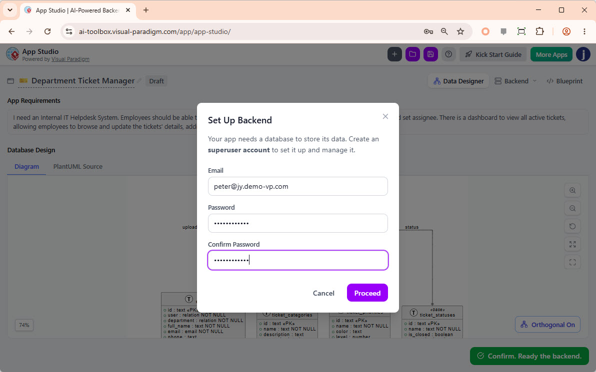 To create a database account by providing your account email and password.