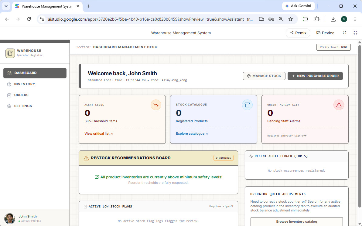 The dashboard is shown for the warehouse management system