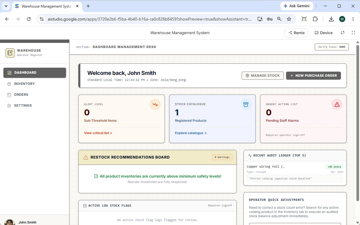 Dashboard updated for the warehouse management system
