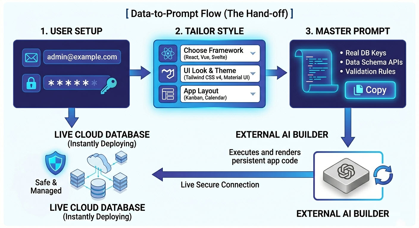 Diagram detailing the sequence of events from user setup to prompt copy, including backend connection.