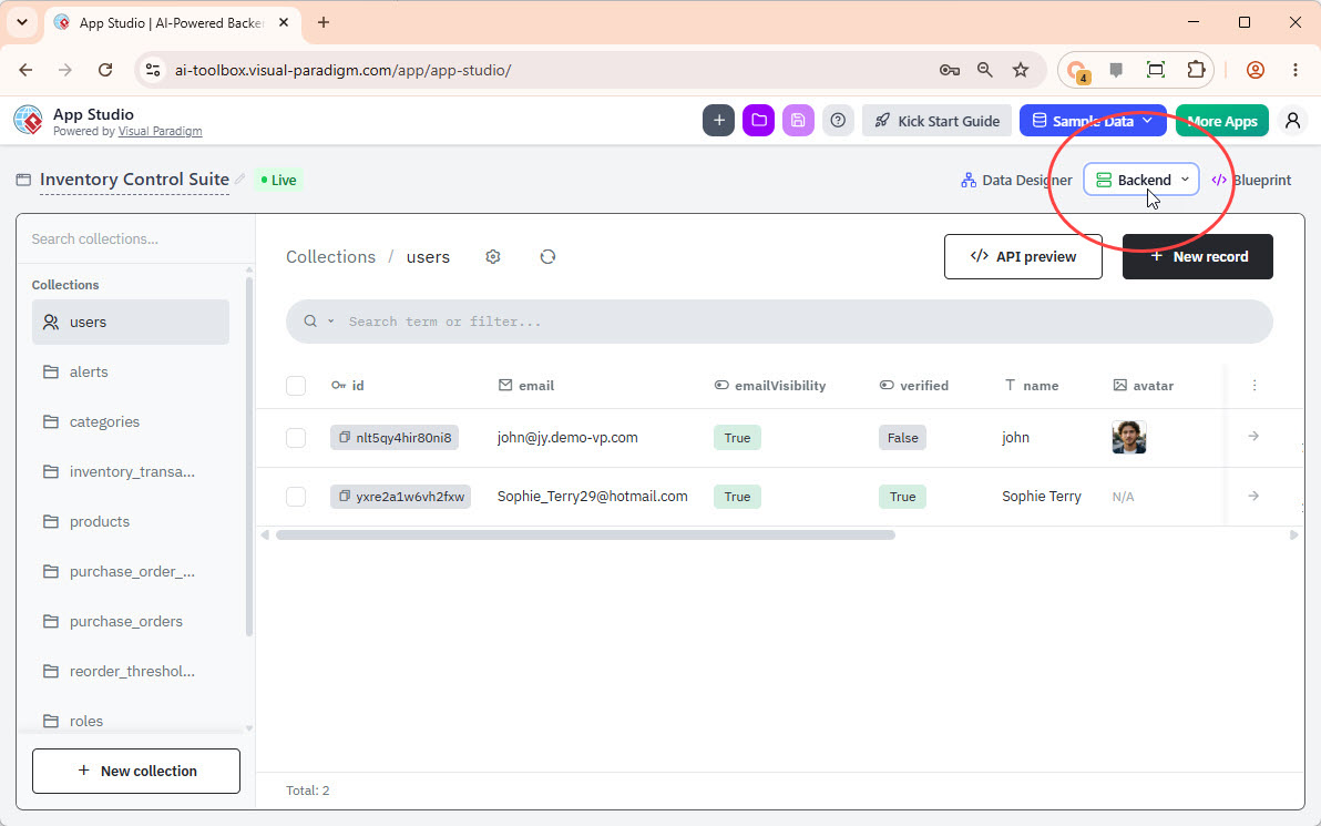 The database backend screen
