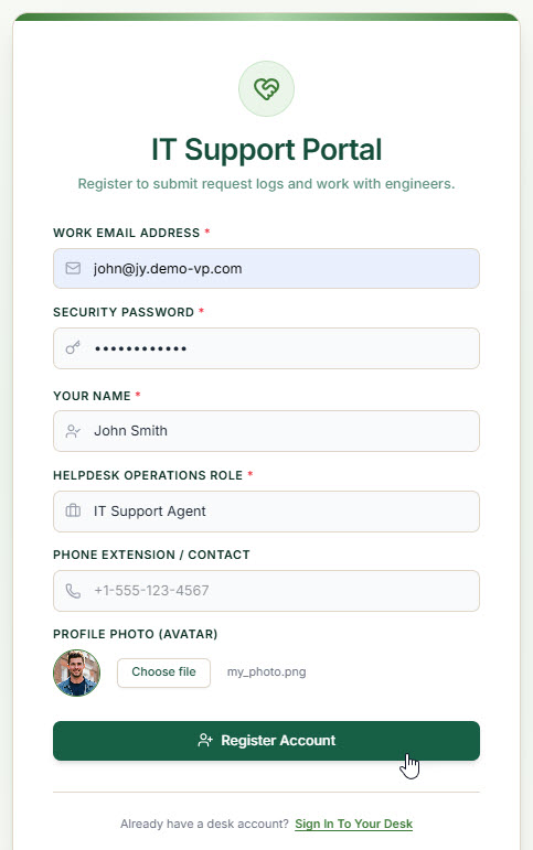 Entering the account details as part of the registration process of an Internal IT Helpdesk System.