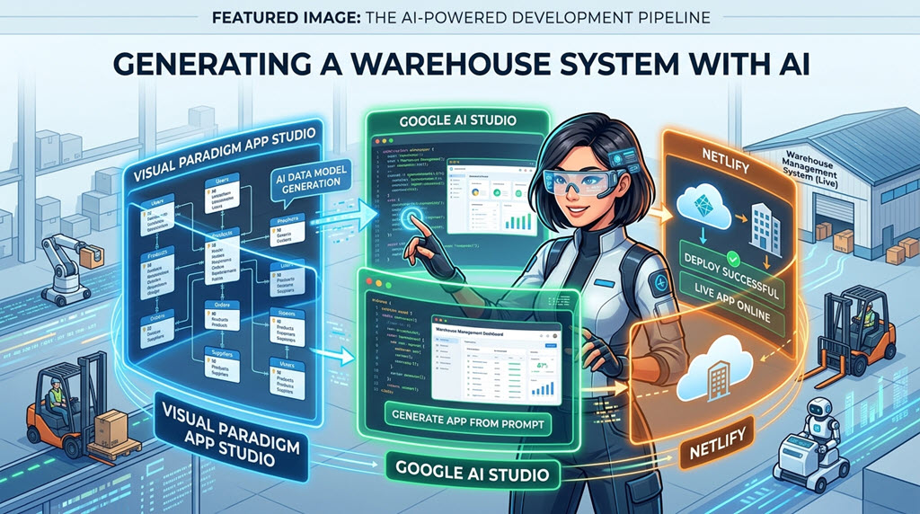 An infographic illustration showing a clean digital pipeline. A female developer with AR glasses manages three interconnected screens showing 'VISUAL PARADIGM APP STUDIO', 'GOOGLE AI STUDIO', and 'NETLIFY'. The pipeline visualizes an AI-powered development workflow for creating a 'Warehouse Management System'.