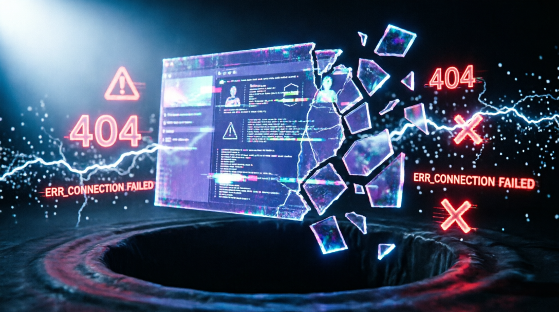 A glowing futuristic computer screen displaying digital glitch artifacts, systemic coding crashes, and an error warning symbol representing AI code generation hallucinations