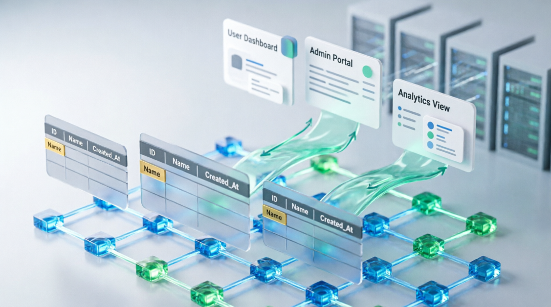 A clean, structured database management system diagram outlining tables, relational entities, data objects, and primary keys connecting to live external web services through automated backend web APIs