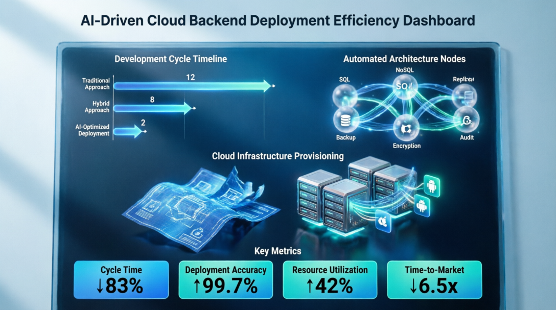 An executive dashboard business graphic illustrating the comparison between traditional software development costs and the streamlined timeline efficiency achieved through automated cloud backend deployment and blueprint engineering.