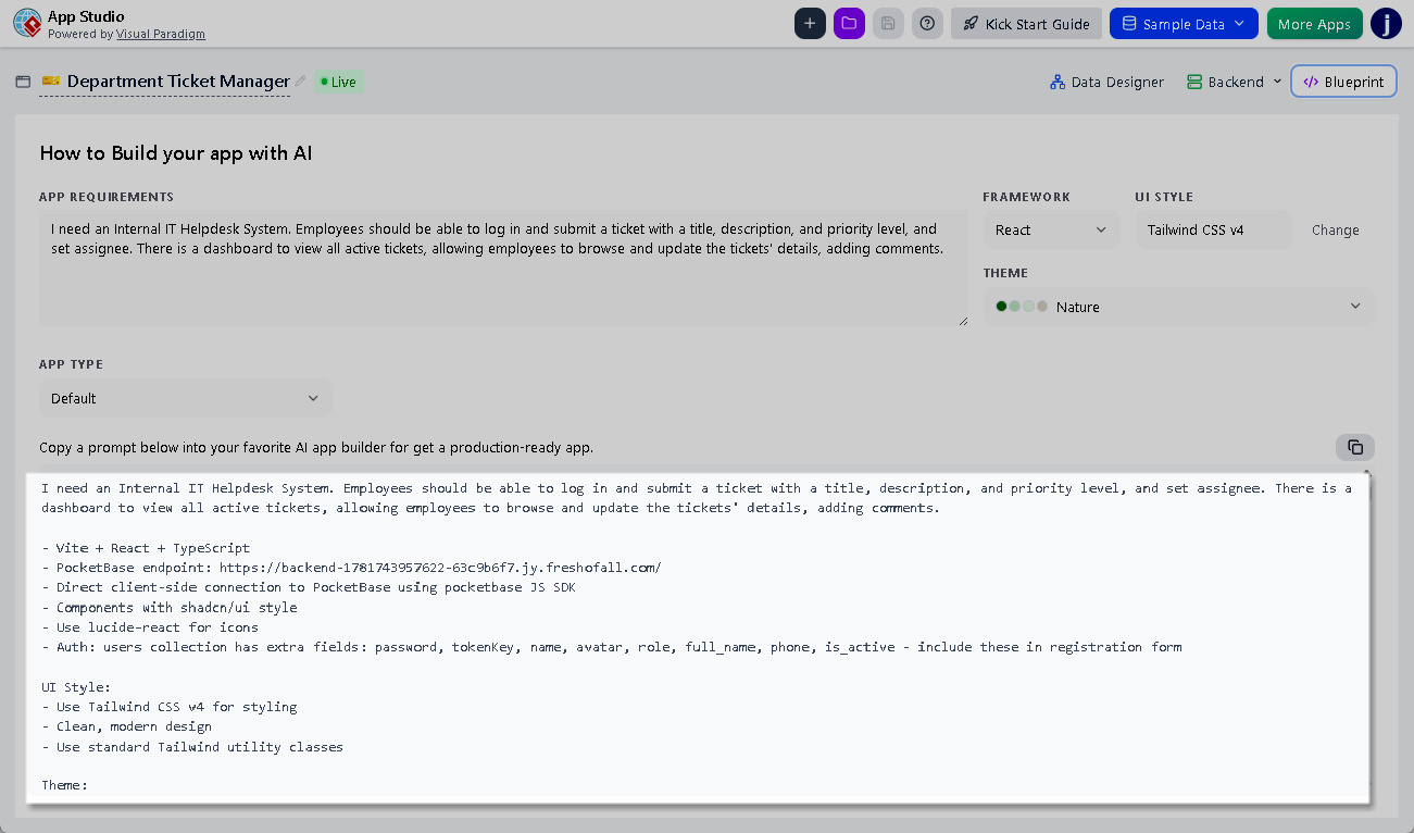A software application workspace dashboard detailing the compilation of database connection rules, UI style parameters, and an exportable blueprint prompt pane for external AI tools.