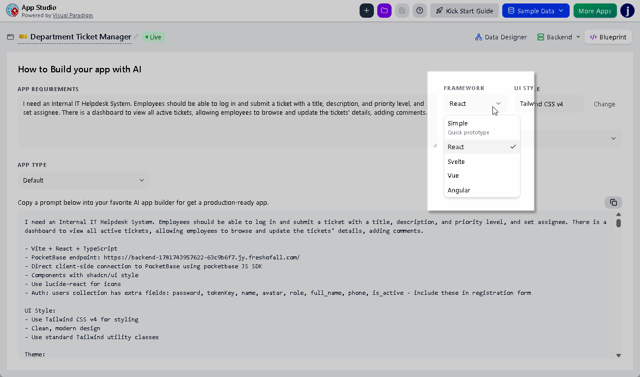 An interactive software workspace control dashboard showcasing clickable layout selection tabs for React, Svelte, and Vue along with active code prompt export windows.