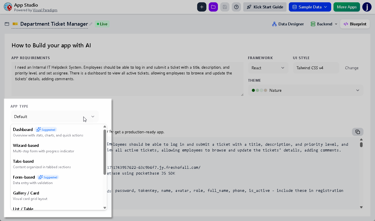 A software application interface screenshot showing the Visual Paradigm App Studio dashboard panel highlighting selectable menu options for Kanban, Tabs, and List-with-Details layout structures.
