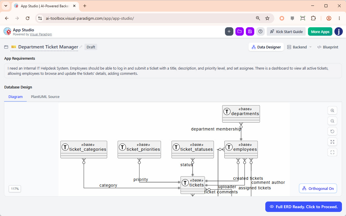 An initial ERD generated fromVisual Paradigm AI App Studio
