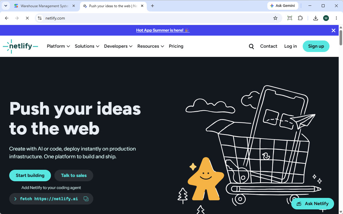 The home page of Netlify