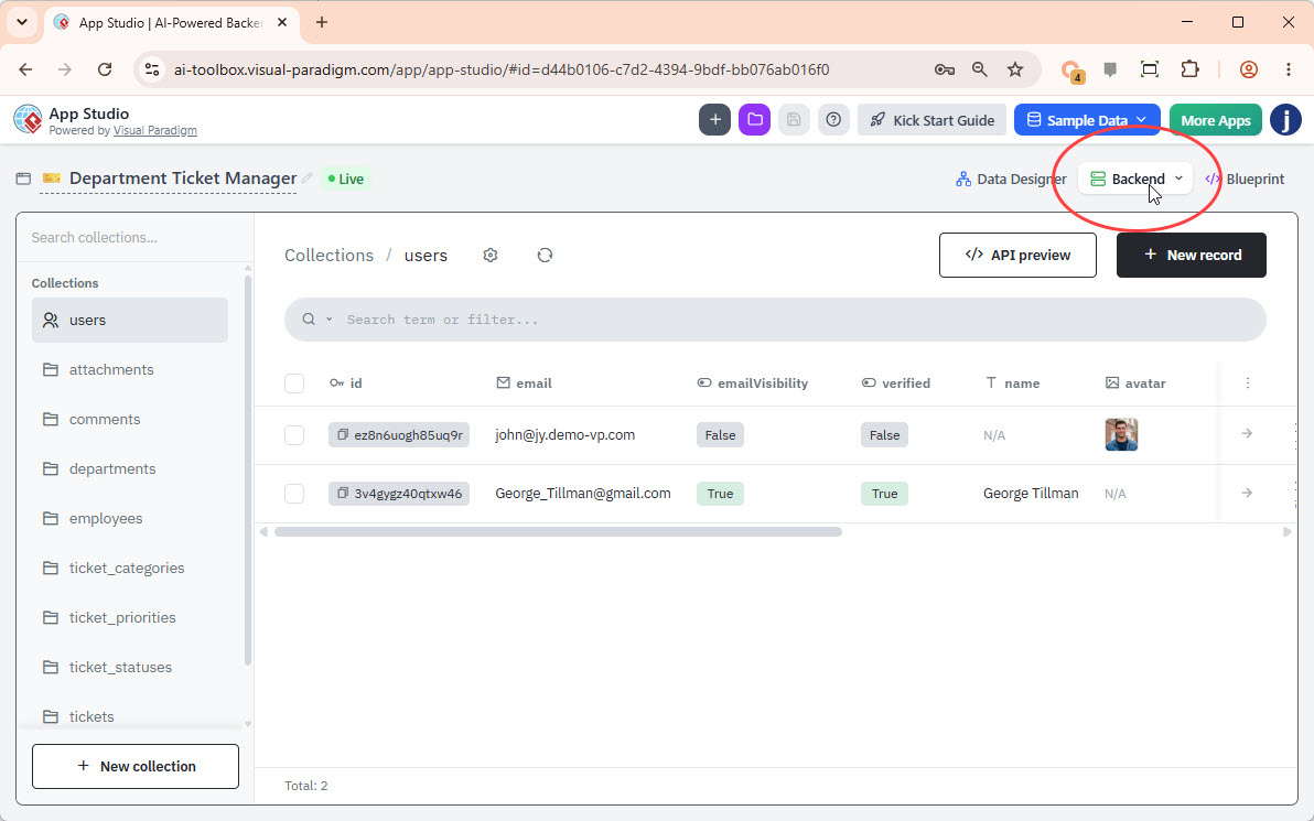 To manage the database backend in Visual Paradigm AI App Studio