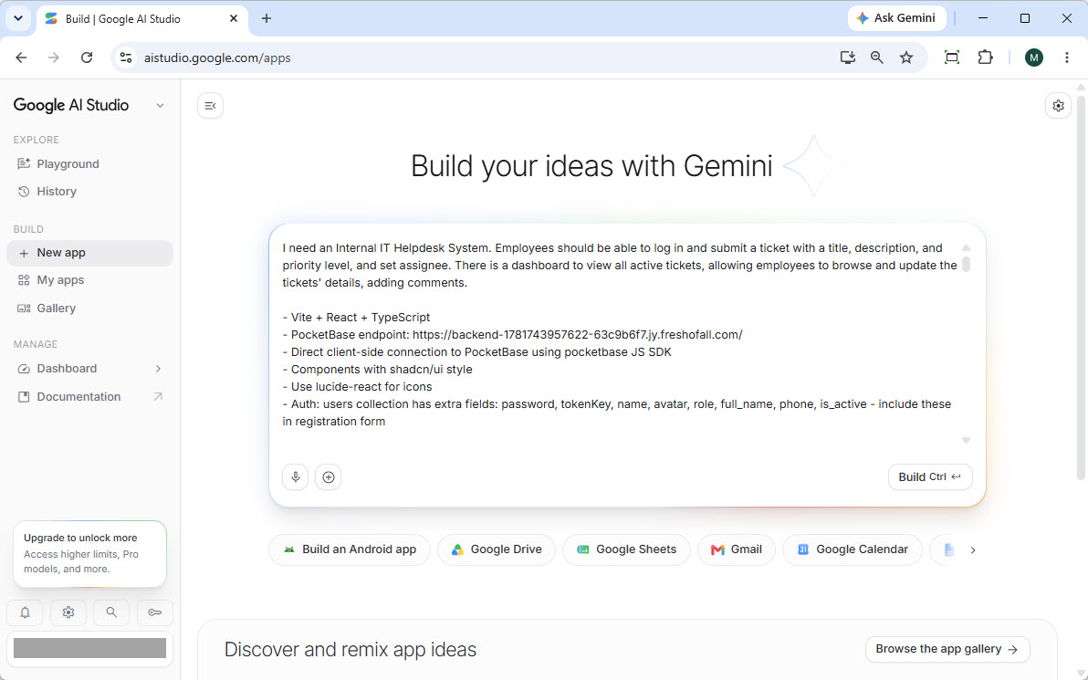 Paste a prompt in Google AI Studio to build app (Prompt copied from Visual Paradigm AI App Studio)