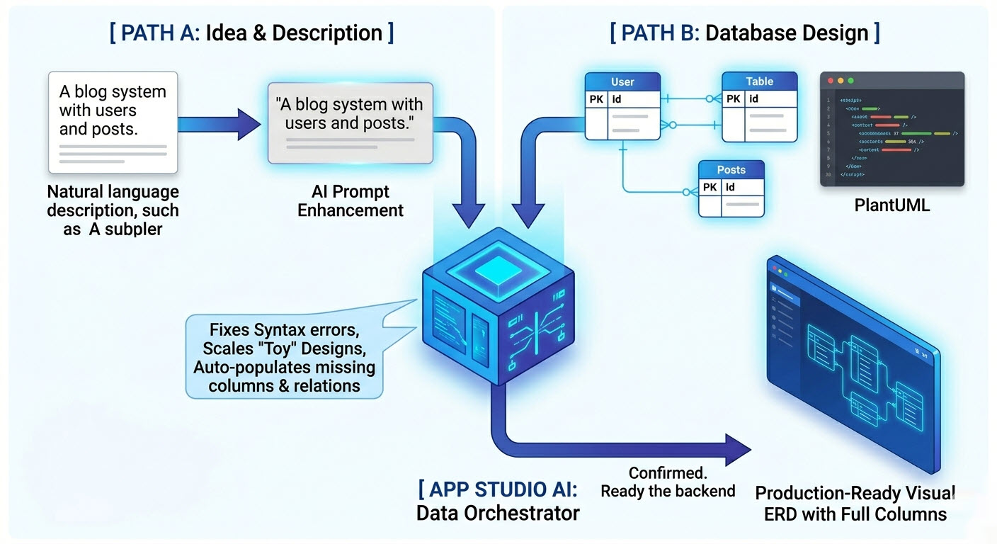 Illustration of the two pathways for app ingestion: Path A (Idea Description) and Path B (ERD Import)