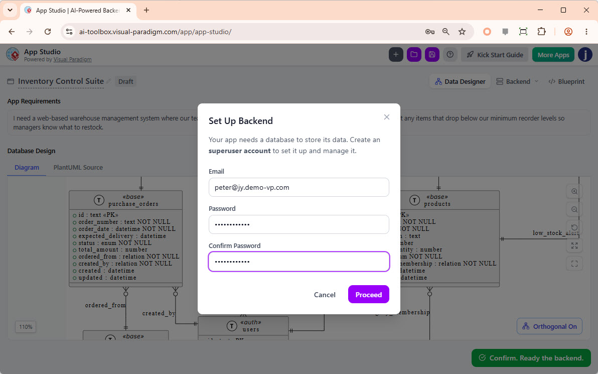 Providing the email and password to create a super user account in Visual Paradigm App Studio
