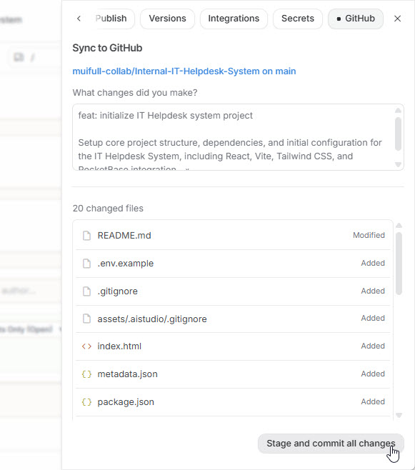To stage and commit changes in AI Studio