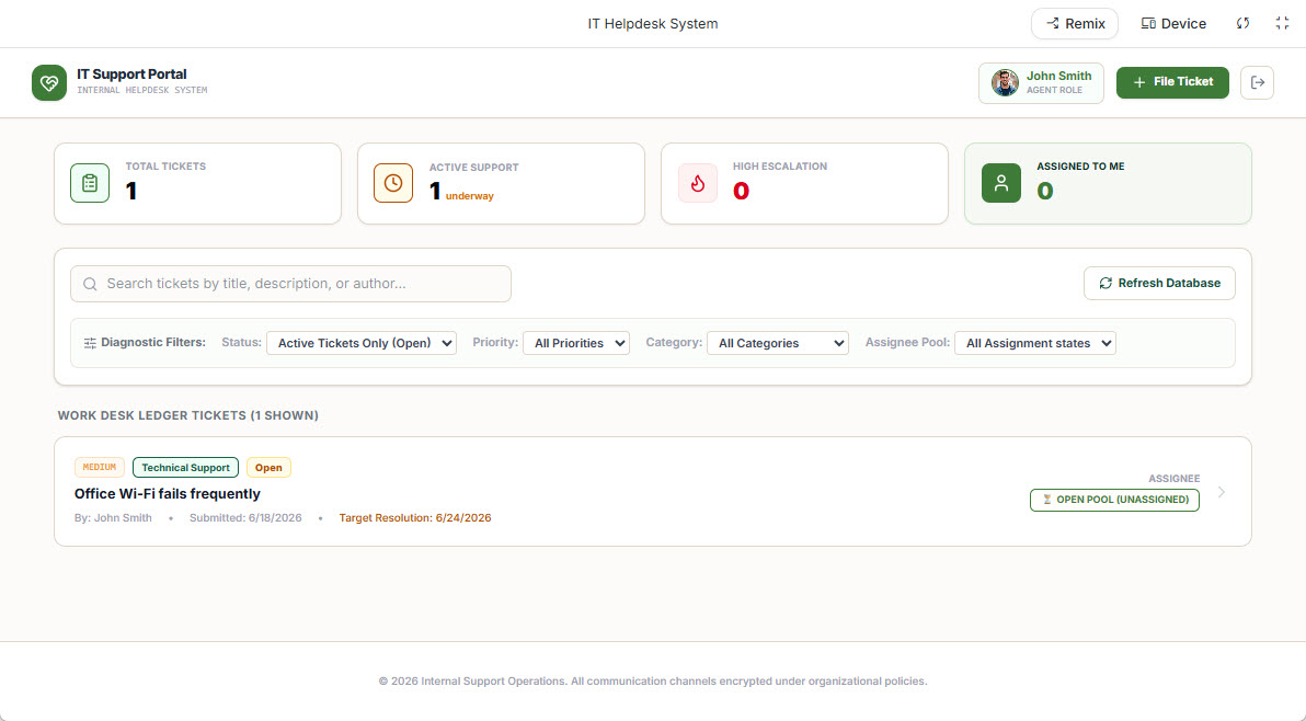 A ticket is created in the internal IT Helpdesk system, and the app is presenting the dashboard.