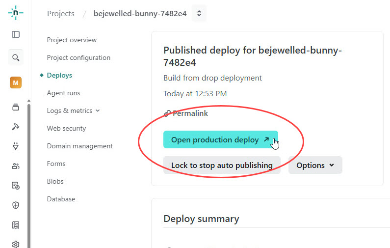 To open the URL of a deployed app in Netlify