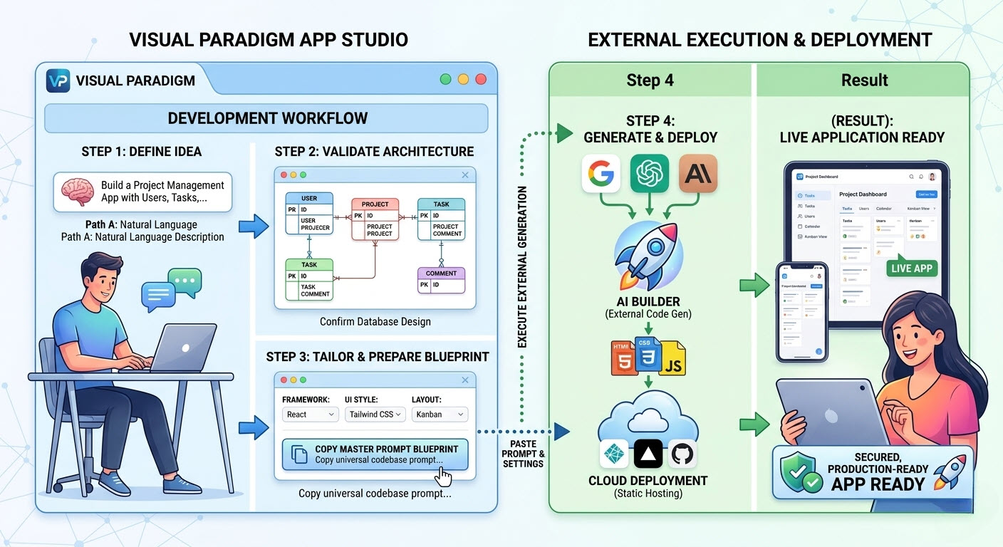 A workflow diagram divided into two distinct sections. On the left, labeled 'Visual Paradigm App Studio', a user enters a natural language description (Step 1), validates and confirms an ERD database design (Step 2), and configures frontend parameters to copy the master prompt blueprint (Step 3). On the right, labeled 'External Execution & Deployment', Step 4 shows the blueprint being pasted into external AI engines to generate code files (HTML, CSS, JS) and deployed via static cloud hosting, resulting in a live, secured, production-ready application displayed on a tablet and mobile phone.