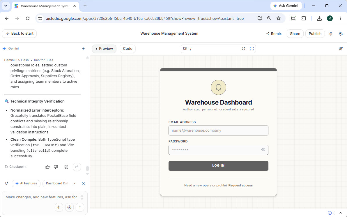 The warehouse management system is built in Google AI Studio